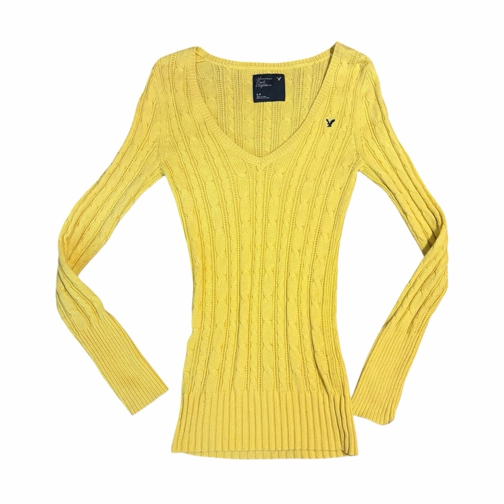 Vintage American Eagle Y2K Cable Knit Long Sleeve V Neck Babydoll Top Yellow S